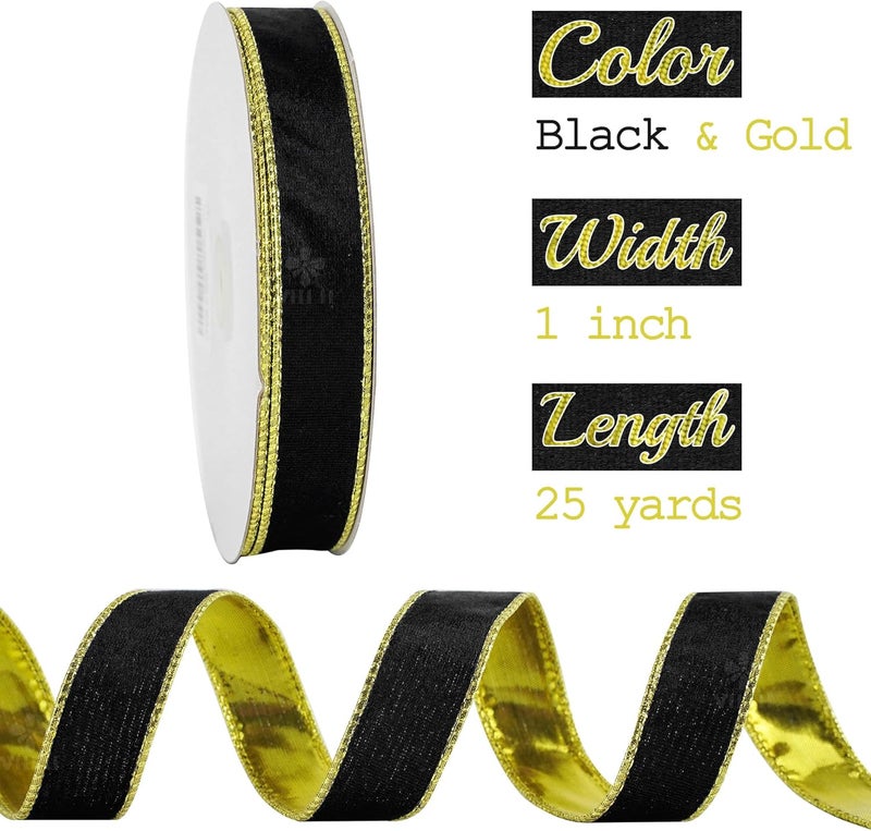Meedee Black and Gold Velvet Ribbon - 1 Inch Thin Velvet Wired - 25 Yards Spool - Two Tone - Christmas Tree, Gift Wrapping, Wreaths, Bows, Crafts - Image 2